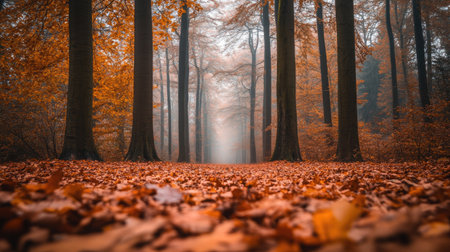 A tranquil autumn pathway lined with trees and colorful leaves shrouded in mist. Experience the serene beauty and peaceful ambiance of nature.の素材