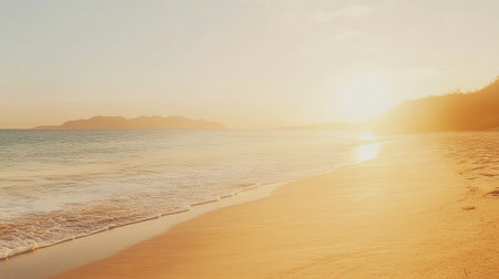 Experience the serene beauty of a sunset over a calm beach, where golden sands meet the gentle waves, creating a tranquil escape in nature's embrace.の素材