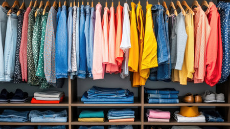 A vibrant wardrobe showcases neatly organized clothes on hangers and shelves, highlighting a variety of colors and styles ideal for casual wear and fashion enthusiasts.の素材
