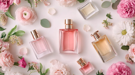 A beautiful arrangement of elegant perfume bottles surrounded by fresh flowers. This chic and stylish flatlay captures the essence of beauty and fragrance.の素材