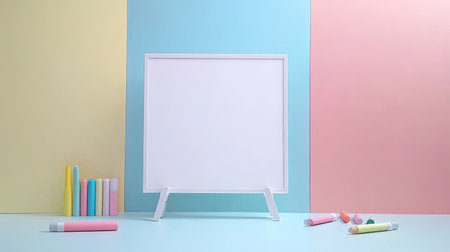A blank board on a pastel-colored background with markers scattered around. Perfect for creative projects, presentations, or educational purposes.の素材
