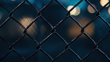 A close-up view of a dark metal fence, showcasing an intricate pattern with blurred lights in the background, evoking a sense of urban security and night.の素材