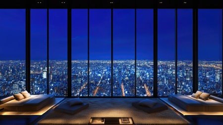 A stunning view of a modern city skyline at night from a luxurious apartment. The spacious interior features elegant furniture and large windows showcasing vibrant city lights.の素材