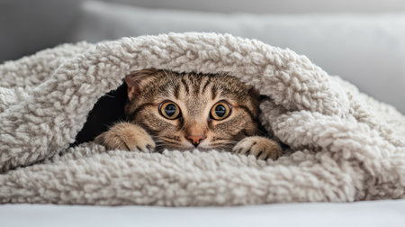 A curious cat peeks out from under a fluffy blanket, showcasing its playful and cozy nature. The scene captures warmth and comfort in a home setting.の素材