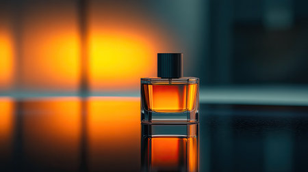 A sophisticated fragrance bottle showcasing rich amber liquid. The warm reflections create an elegant atmosphere, perfect for luxurious and artistic themes.の素材