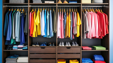 A well-organized closet featuring a variety of colorful clothing, neatly arranged on hangers and shelves, provides efficient storage options for fashion enthusiasts.の素材