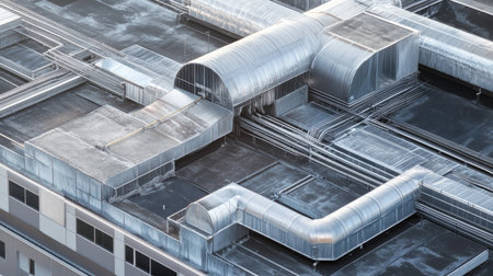 Aerial view of an industrial roof showcasing intricate metal ducts and pipes. The image highlights the geometric design and modern architectural features typical of urban environments.の素材