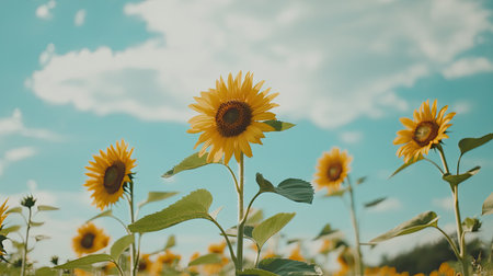 A stunning field of sunflowers under a vivid blue sky, showcasing nature's beauty. This picturesque landscape captures the essence of summer and tranquility.の素材