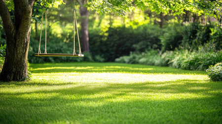 Discover a tranquil outdoor scene featuring a swing hanging from a tree, surrounded by vibrant green grass and illuminated by soft sunlight.の素材