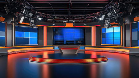 A modern broadcast studio featuring vibrant lighting and sleek design. Ideal for television shows, news broadcasts, and media productions with a professional feel.の素材