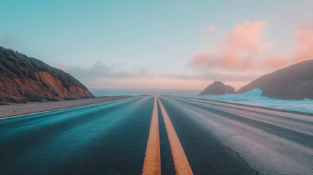 A tranquil coastal road stretches towards the horizon, bathed in soft sunrise light. Gentle waves lap the shores, creating a serene atmosphere perfect for travel inspiration.の素材