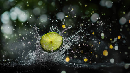 A vibrant lime slice splashes into water, creating dynamic droplets with a beautiful bokeh effect. Perfect for fresh and healthy beverage concepts.の素材