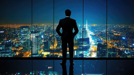 A businessman stands in a sleek office, gazing at the vibrant city skyline illuminated at night, symbolizing success, ambition, and the future of urban life.の素材