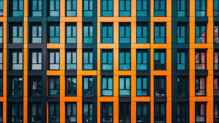 This striking image showcases a modern building facade featuring bold orange and blue colors. The geometric patterns create a captivating urban landscape.の素材