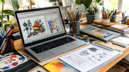 A vibrant creative workspace showcasing a laptop, sketches, and various art supplies. Ideal setting for artists, designers, and hobbyists looking for inspiration.の素材