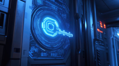 A vibrant digital key illuminates an advanced sci-fi environment, showcasing technology and neon aesthetics. Perfect for themes of security and innovation.の素材