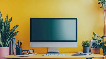 A bright and modern workspace featuring a sleek computer on a yellow background, complemented by various green plants, creating an inspiring atmosphere for productivity.の素材