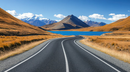 A stunning view of a curved road leading through a beautiful mountain landscape, with a vibrant blue lake and clear skies. Perfect for travel themes.の素材