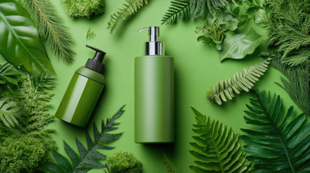 A serene composition featuring green skincare bottles amid lush greenery, embodying freshness and natural beauty. Ideal for wellness and eco-friendly themes.の素材