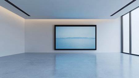 A spacious modern art gallery interior featuring a large framed artwork against a bright, minimalist backdrop. The tranquil scene evokes creativity and serenity.の素材