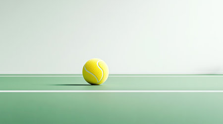 A vibrant yellow tennis ball resting on a green court surface, highlighting the simplicity and elegance of the sport. Perfect for representing tennis activities.の素材