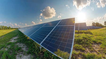 A scenic view of solar panels installed in a field, capturing sunlight on a bright day. This image illustrates renewable energy solutions and sustainability.の素材