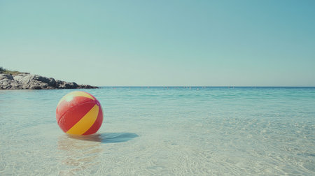 A vibrant beach ball rests on the calm water surface, embodying the essence of summer fun and relaxation by the sea. Perfect for tourism themes.の素材