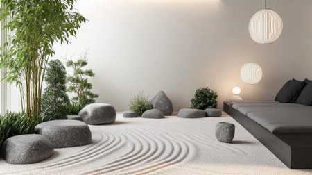 A tranquil zen garden featuring smooth stones, minimalist decor, and soft lighting. This serene space invites relaxation and peaceful contemplation.の素材