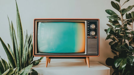 A vintage television set with a green screen sits amidst lush plants, perfect for evoking a sense of nostalgia and stylish interior decor.の素材