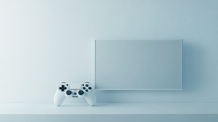A minimalist gaming setup featuring a game controller and a blank screen. Ideal for concepts of leisure, technology, and modern lifestyle.の素材