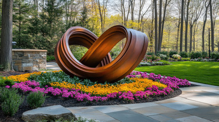 A stunning modern sculpture surrounded by vibrant flowers in a beautifully landscaped garden, creating a serene outdoor space for reflection and inspiration.の素材