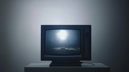 A vintage television set displaying static noise against a dark background, creating a nostalgic atmosphere and highlighting the simplicity of retro electronics.の素材