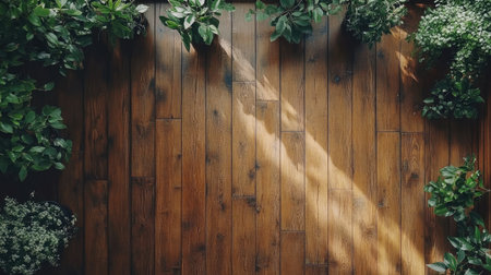 A serene wooden floor adorned with lush green plants, illuminated by natural sunlight, creating a vibrant and peaceful ambiance in an indoor space.の素材