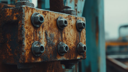 Close-up of rusty metal fasteners on industrial equipment, showcasing the texture and decay typical in machinery. Perfect for industrial themes.の素材