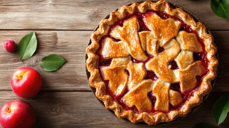 A delicious lattice apple pie sits on a rustic wooden table, accompanied by fresh apples. Perfect for gatherings, it brings a warm, homemade touch.の素材