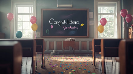 A vibrant classroom scene celebrating graduation with colorful balloons and confetti. A chalkboard displays a joyful message for graduates, creating a festive atmosphere.の素材