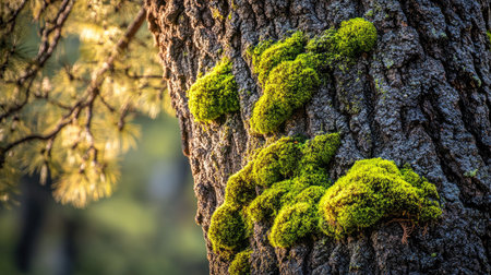 A close-up view of moss growing on tree bark, showcasing the intricate textures and vibrant greens in a peaceful forest setting. Ideal for nature themes.の素材