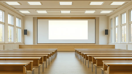 A spacious classroom featuring empty seating arranged in front of a large projector screen, ideal for educational presentations or meetings.の素材