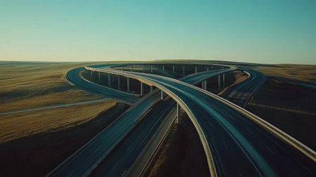Stunning aerial view of a highway interchange at sunset, showcasing the intricate design of roads curving across a serene rural landscape under a clear blue sky.の素材