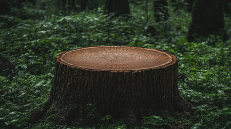 A close-up view of a freshly cut tree stump surrounded by vibrant green foliage in a serene forest environment, highlighting the beauty of nature.の素材