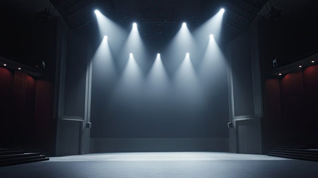A dramatic view of an empty stage illuminated by powerful lights, creating a captivating atmosphere for performances, events, and artistic expressions.の素材
