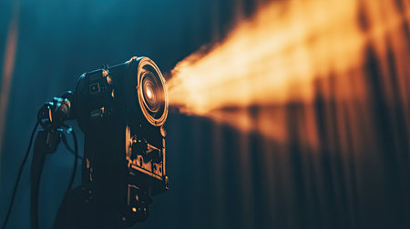 A vintage film projector emits a glowing light beam, creating a cinematic atmosphere. Ideal for themes related to film history, retro technology, and creative projects.の素材