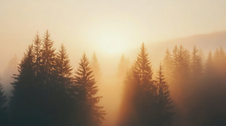 A serene forest landscape captured at sunrise, enveloped in mist. The soft sunlight filters through the trees, creating a tranquil and atmospheric scene.の素材