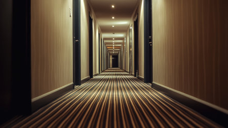 A serene view of an empty hotel corridor featuring soft lighting and a striped carpet, perfect for conveying tranquility and modern design in travel themes.の素材