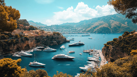 A breathtaking coastal view featuring luxurious yachts anchored in a serene bay surrounded by majestic mountains and clear blue skies. Ideal for travel inspiration.の素材