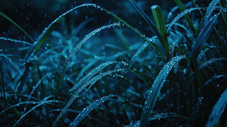 This stunning close-up captures dewy grass at night, glistening with raindrops in soft blue tones, evoking a serene and tranquil atmosphere perfect for nature lovers.の素材