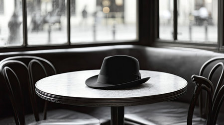A solitary black hat rests on a round table in a cozy cafe. The soft light highlights the stylish atmosphere, creating an elegant and calm setting.の素材