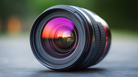 A stunning closeup of a camera lens showcasing vibrant reflections during sunset. Perfect for photography enthusiasts and creative projects.の素材