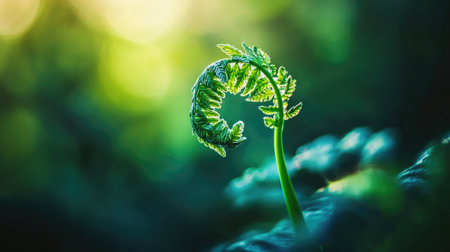 A close-up view of a fern leaf unfurling in the soft light. This image captures the delicate beauty and vibrant green of nature during spring, symbolizing renewal and growth.の素材