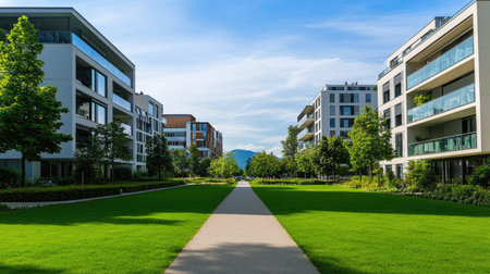 A picturesque modern urban landscape featuring a lush green space with a pathway, surrounded by contemporary buildings and vibrant nature. Perfect for conveying tranquility and community.の素材